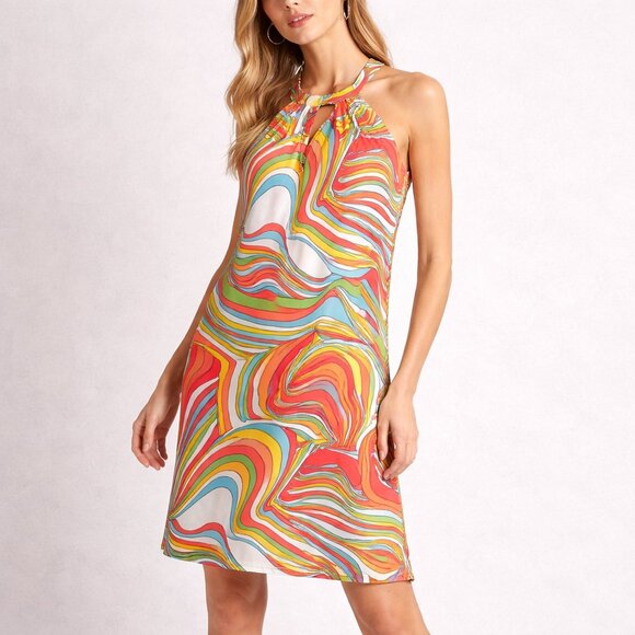 Jude Connally Psychedelic Swirl Halter Dress Keyhole A-Line S - Picture 2 of 15